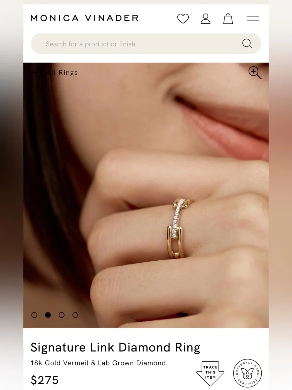 NWT MONICA VINADER Signature Link 18k Gold Vermeil and Lab Grown Diamond Ring
